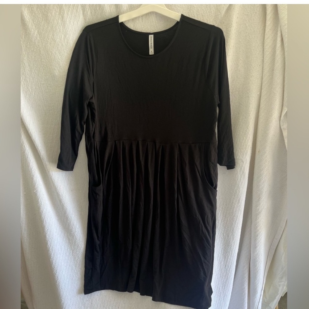 Zenana Premium Womens Plus Size 1X Black 3/4 Sleeve Pleated Pocket Dress NWOT